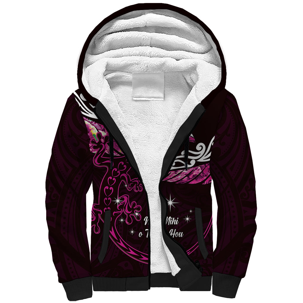 New Zealand Matariki Sherpa Hoodie Maori New Year Silver Fern And Lizard - Pink