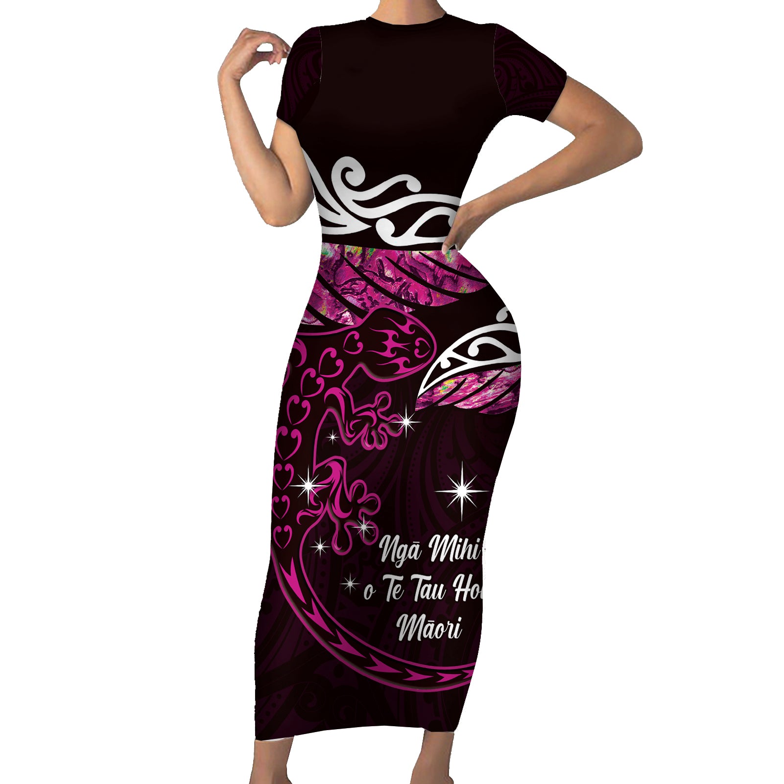 New Zealand Matariki Short Sleeve Bodycon Dress Maori New Year Silver Fern And Lizard - Pink