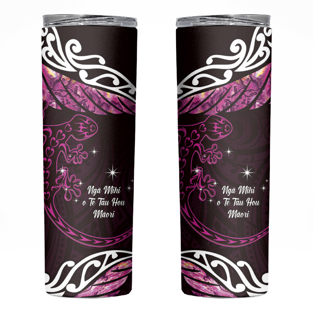 New Zealand Matariki Skinny Tumbler Maori New Year Silver Fern And Lizard - Pink