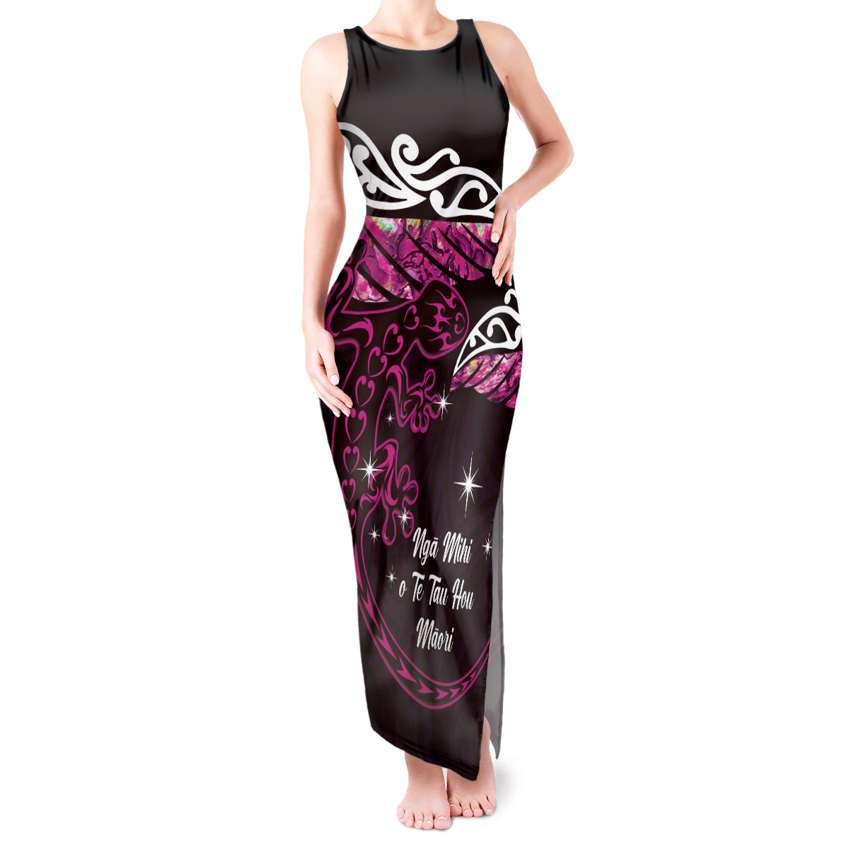 New Zealand Matariki Tank Maxi Dress Maori New Year Silver Fern And Lizard - Pink