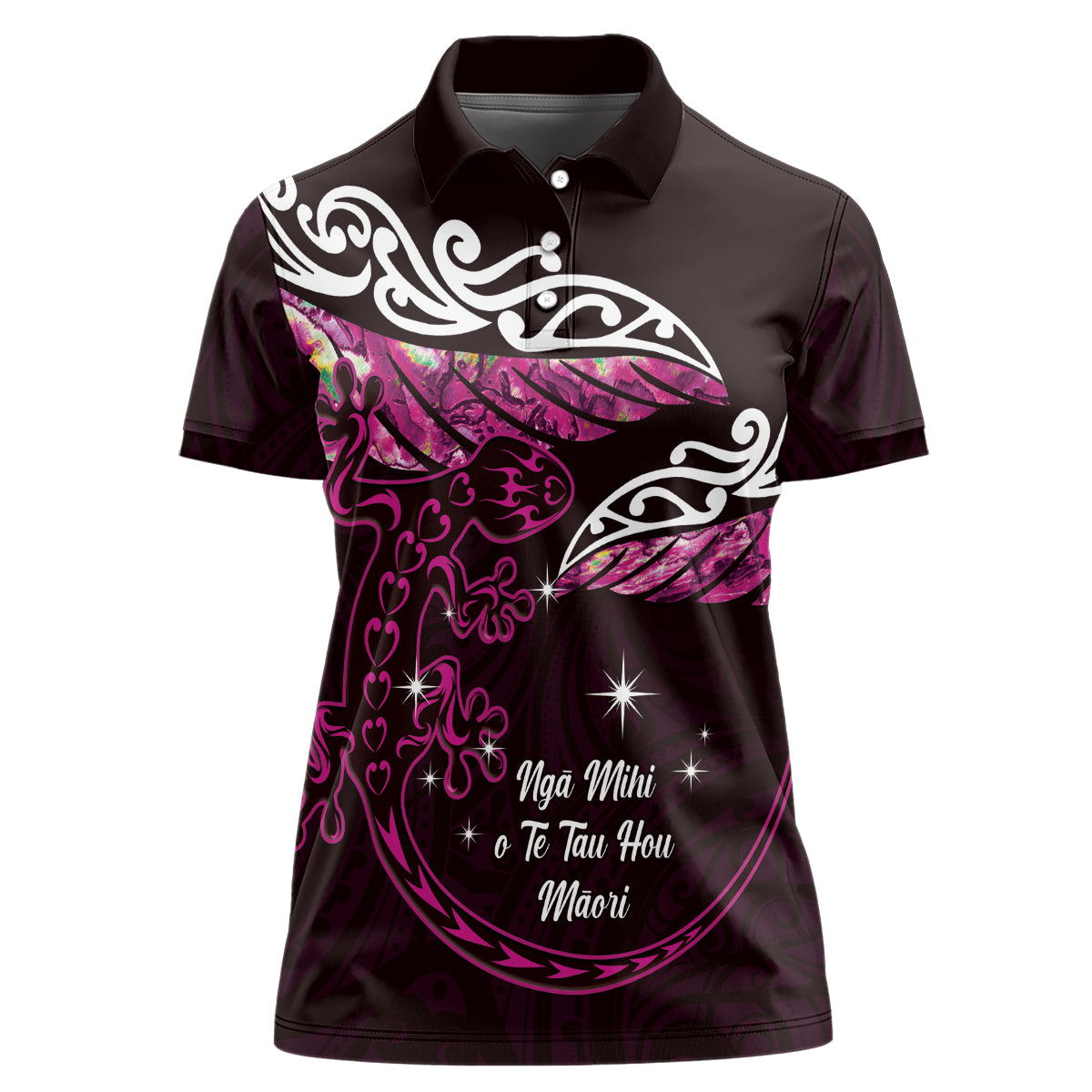 New Zealand Matariki Women Polo Shirt Maori New Year Silver Fern And Lizard - Pink