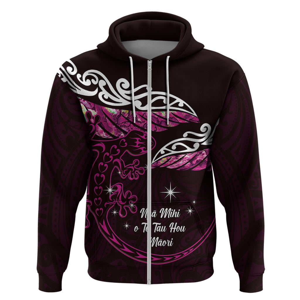 New Zealand Matariki Zip Hoodie Maori New Year Silver Fern And Lizard - Pink