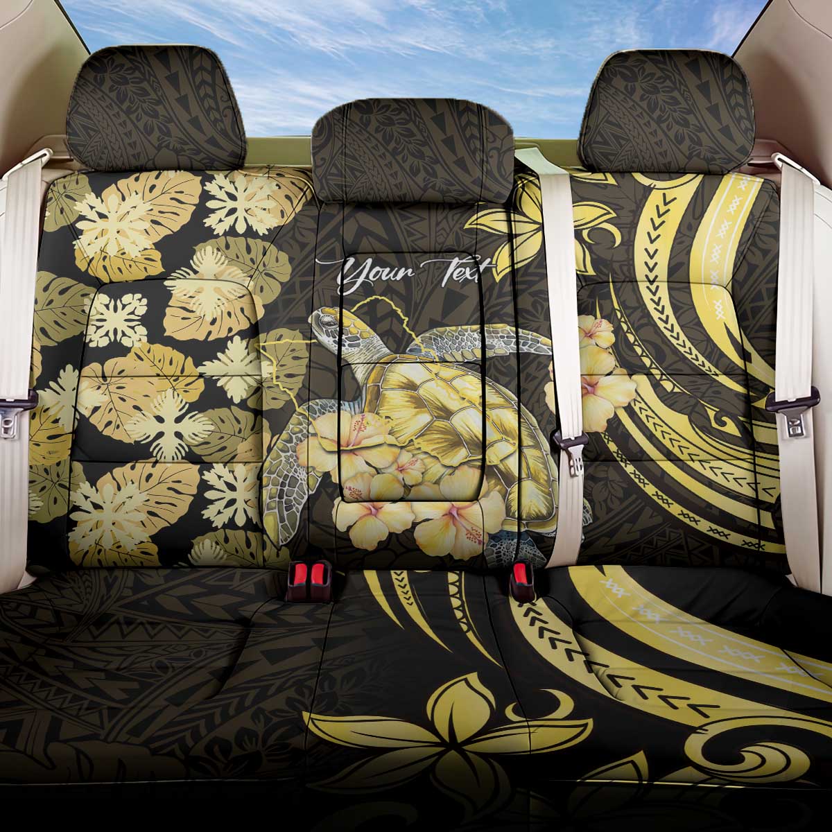 Personalised Aloha Hawaii Oahu Island Back Car Seat Cover Gathering Place Sea Turtle Ilima Flowers LT14 One Size Yellow - Polynesian Pride