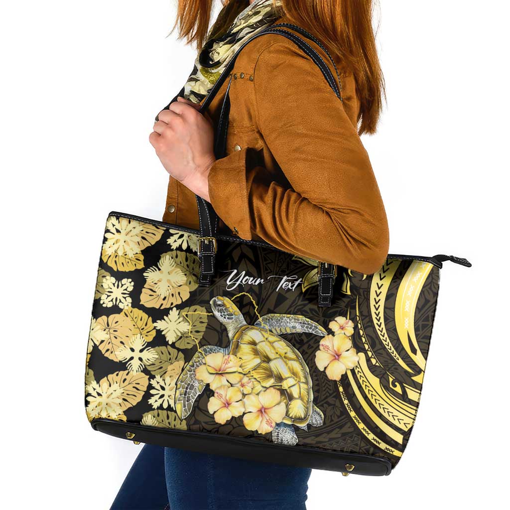 Personalised Aloha Hawaii Oahu Island Leather Tote Bag Gathering Place Sea Turtle Ilima Flowers LT14 Yellow - Polynesian Pride