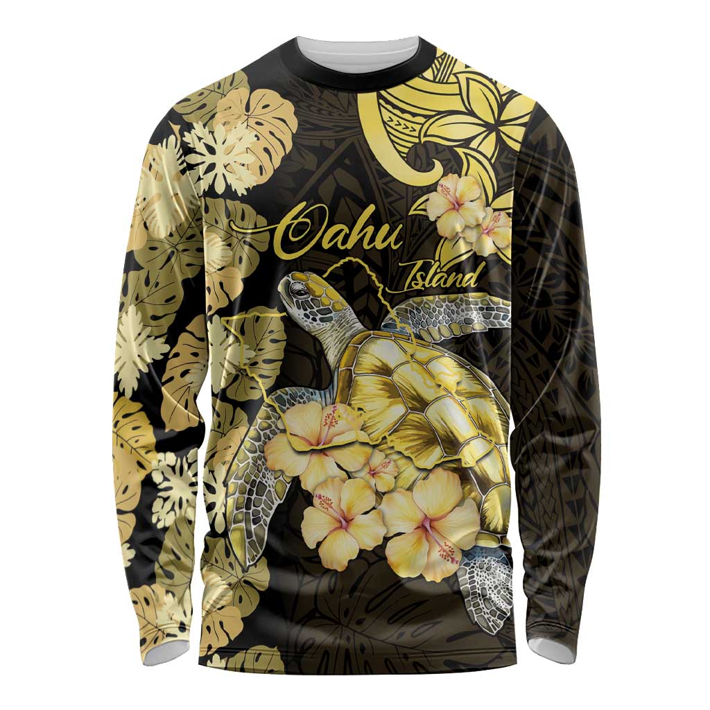 Personalised Aloha Hawaii Oahu Island Long Sleeve Shirt Gathering Place Sea Turtle Ilima Flowers LT14 Unisex Yellow - Polynesian Pride