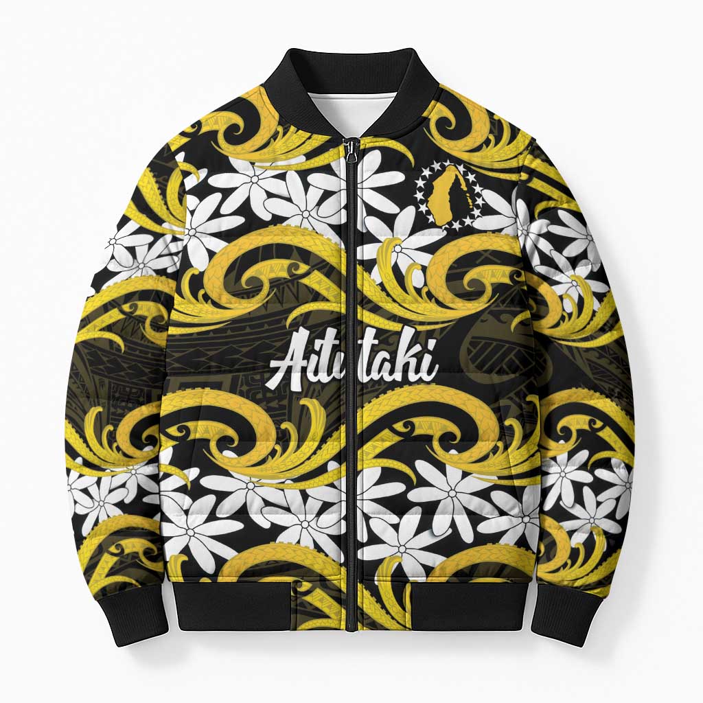 Personalised Cook Islands Aitutaki Bomber Puffer Jacket Tiare Maori Polynesian Waves Tattoo LT14 Unisex Yellow - Polynesian Pride