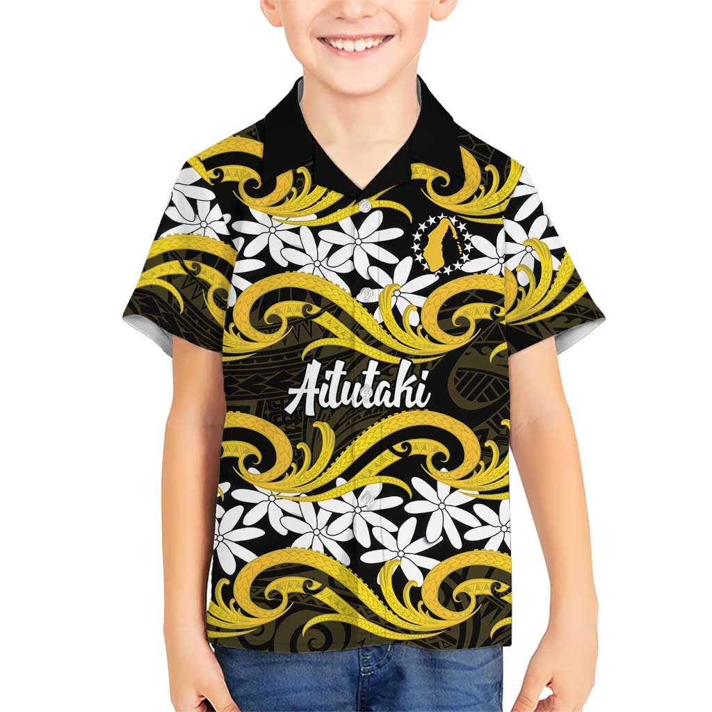 Personalised Cook Islands Aitutaki Kid Hawaiian Shirt Tiare Maori Polynesian Waves Tattoo LT14 Kid Yellow - Polynesian Pride