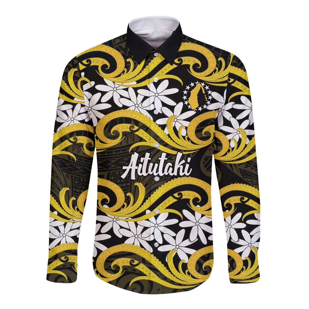 Personalised Cook Islands Aitutaki Long Sleeve Button Shirt Tiare Maori Polynesian Waves Tattoo LT14 Unisex Yellow - Polynesian Pride