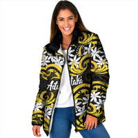 Personalised Cook Islands Aitutaki Padded Jacket Tiare Maori Polynesian Waves Tattoo LT14 Women Yellow - Polynesian Pride