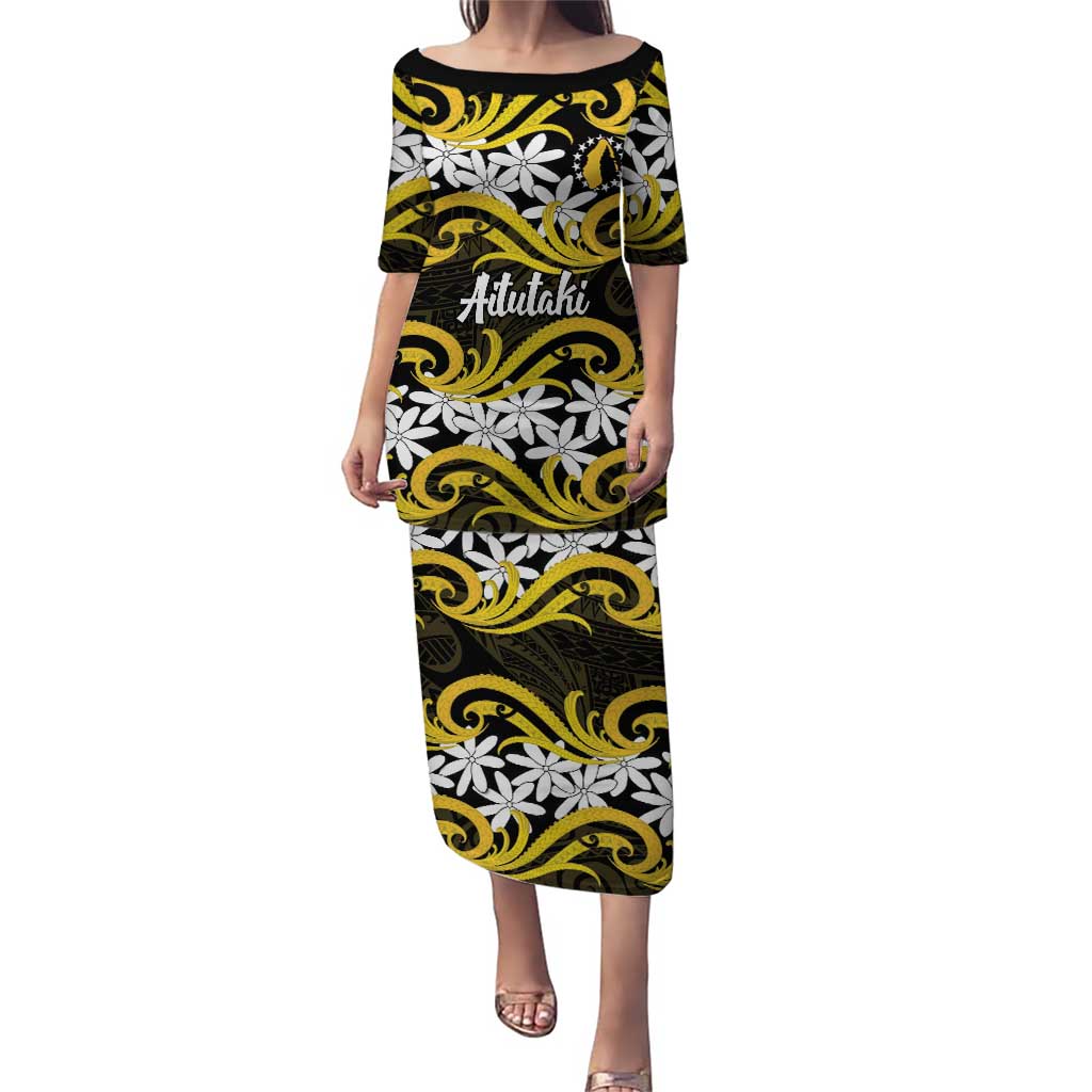 Personalised Cook Islands Aitutaki Puletasi Tiare Maori Polynesian Waves Tattoo LT14 Long Dress Yellow - Polynesian Pride