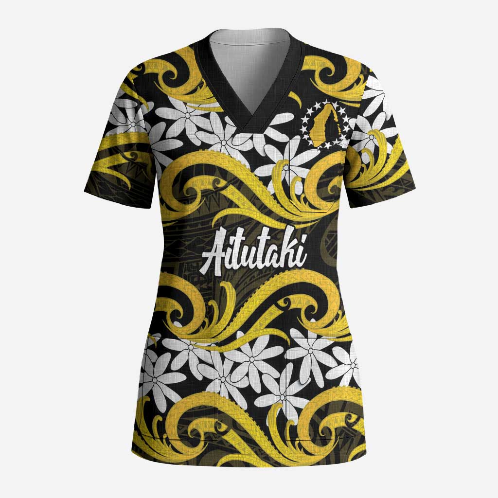 Personalised Cook Islands Aitutaki Scrub Top Tiare Maori Polynesian Waves Tattoo LT14 Adult Yellow - Polynesian Pride