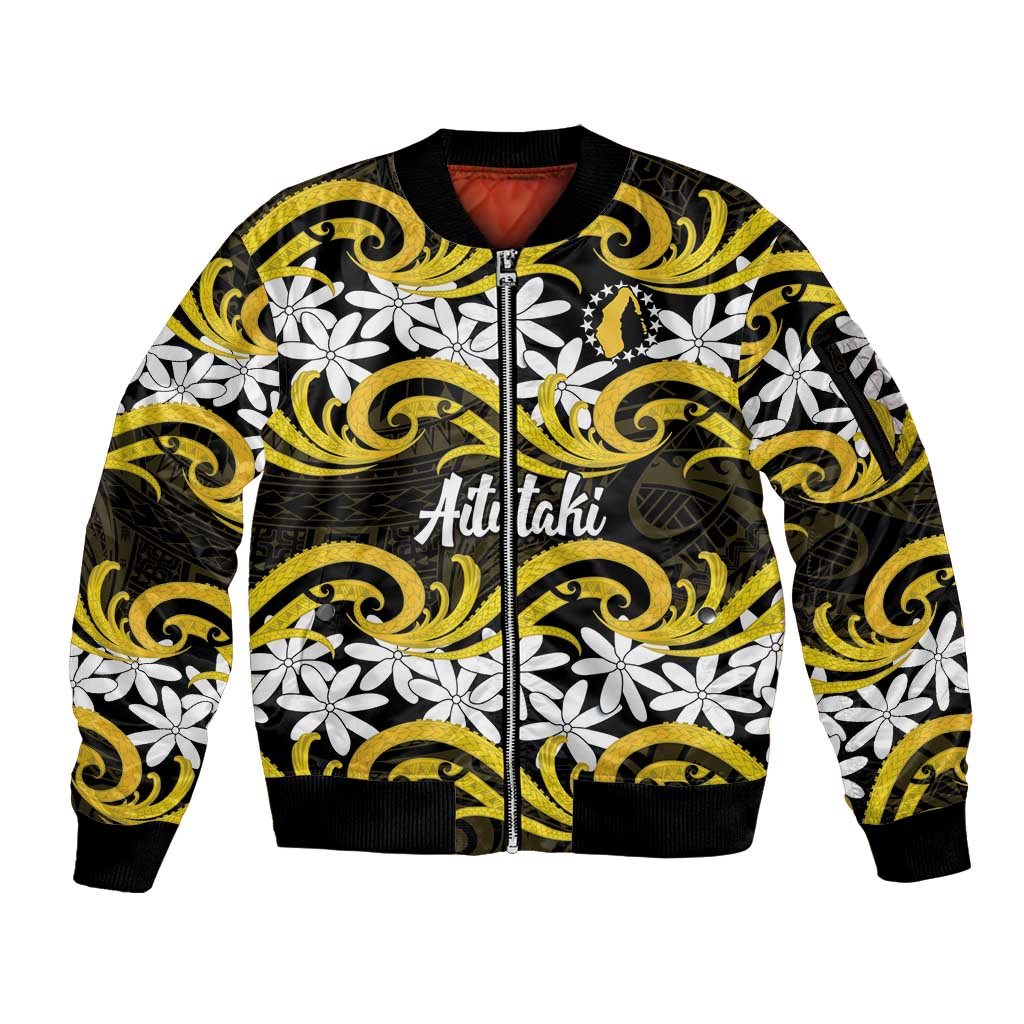Personalised Cook Islands Aitutaki Sleeve Zip Bomber Jacket Tiare Maori Polynesian Waves Tattoo LT14 Unisex Yellow - Polynesian Pride