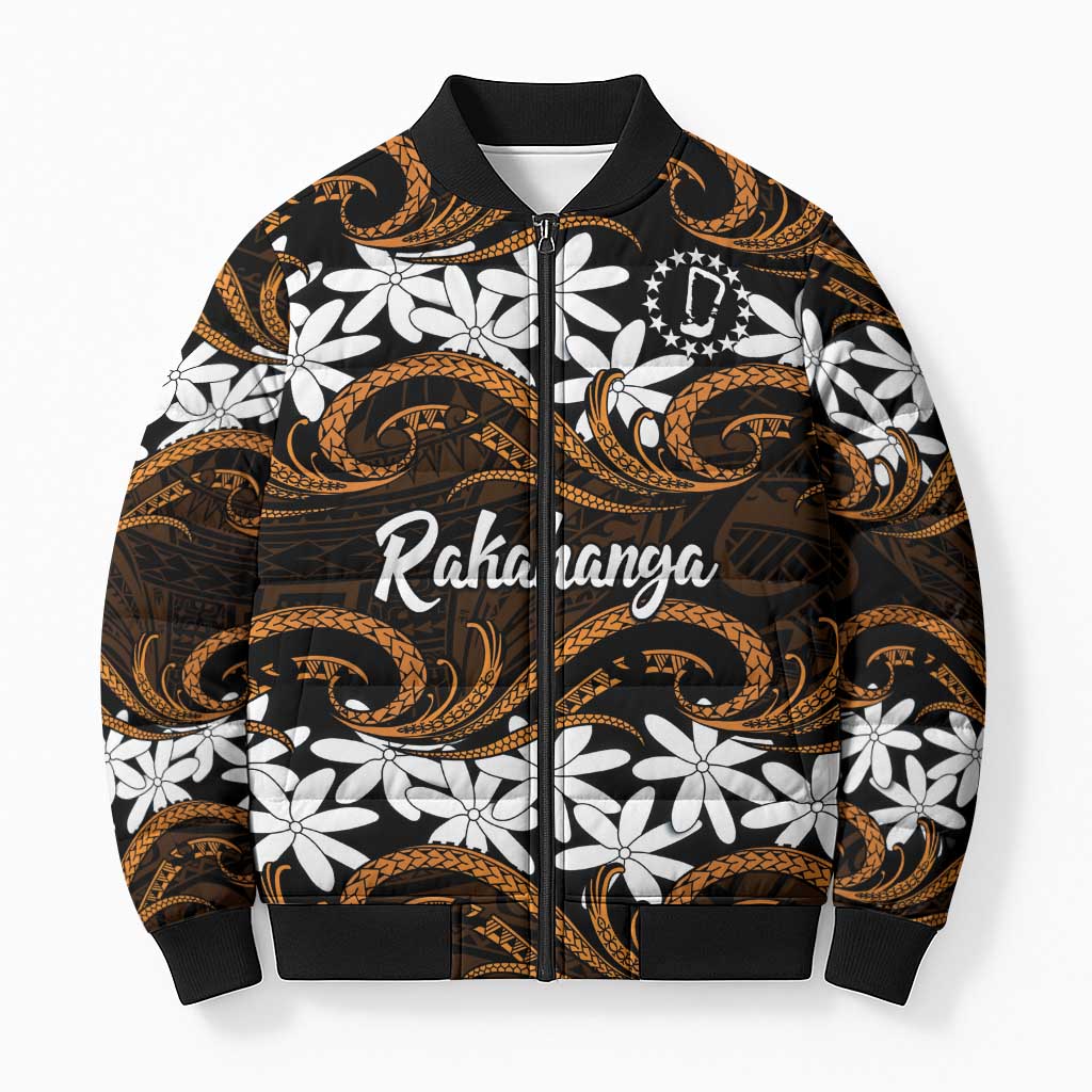 Personalised Cook Islands Rakahanga Bomber Puffer Jacket Tiare Maori Polynesian Waves Tattoo LT14 Unisex Orange - Polynesian Pride