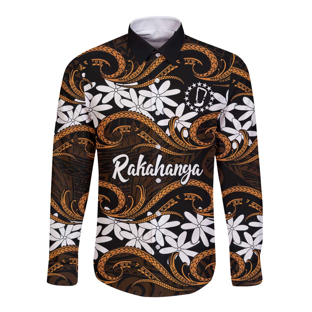Personalised Cook Islands Rakahanga Long Sleeve Button Shirt Tiare Maori Polynesian Waves Tattoo LT14 Unisex Orange - Polynesian Pride