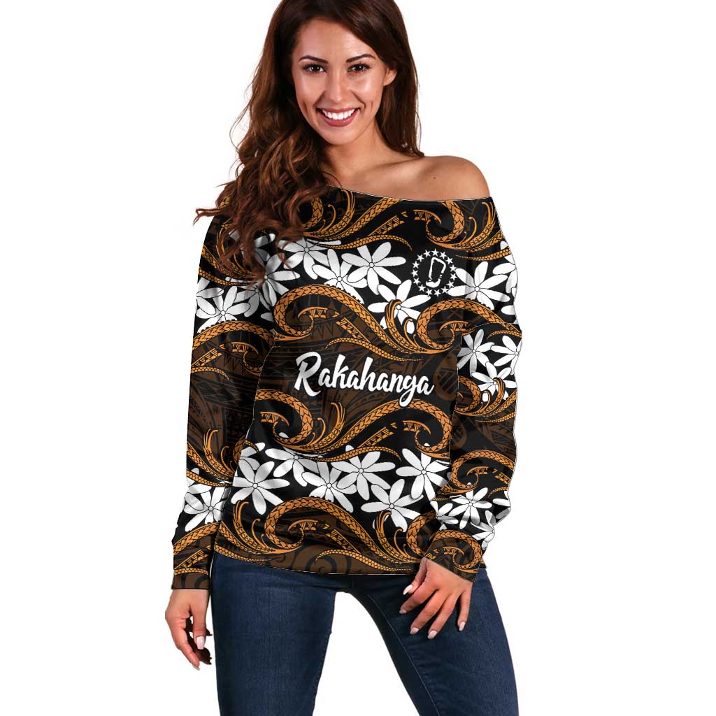 Personalised Cook Islands Rakahanga Off Shoulder Sweater Tiare Maori Polynesian Waves Tattoo LT14 Women Orange - Polynesian Pride