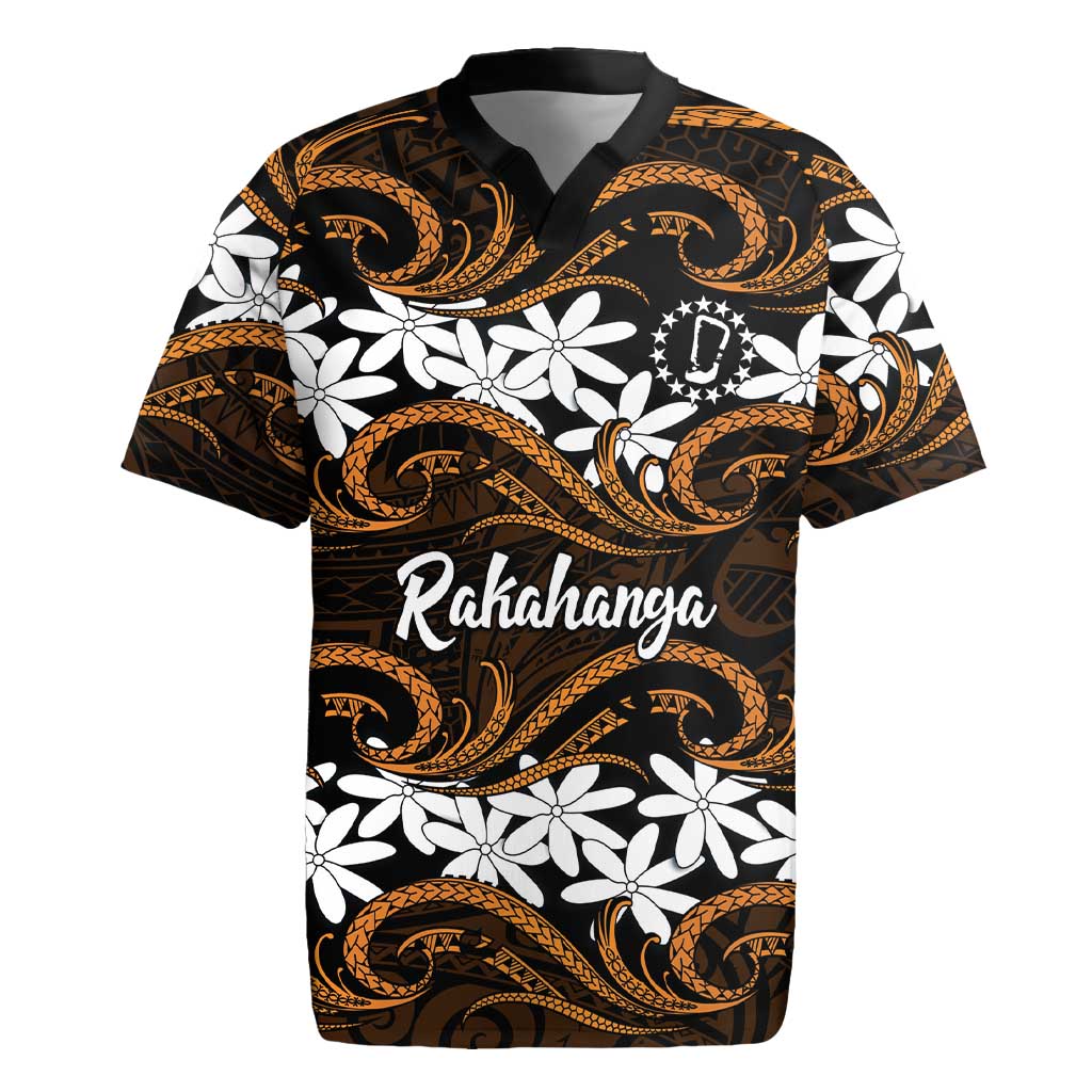 Personalised Cook Islands Rakahanga Rugby Jersey Tiare Maori Polynesian Waves Tattoo LT14 Orange - Polynesian Pride