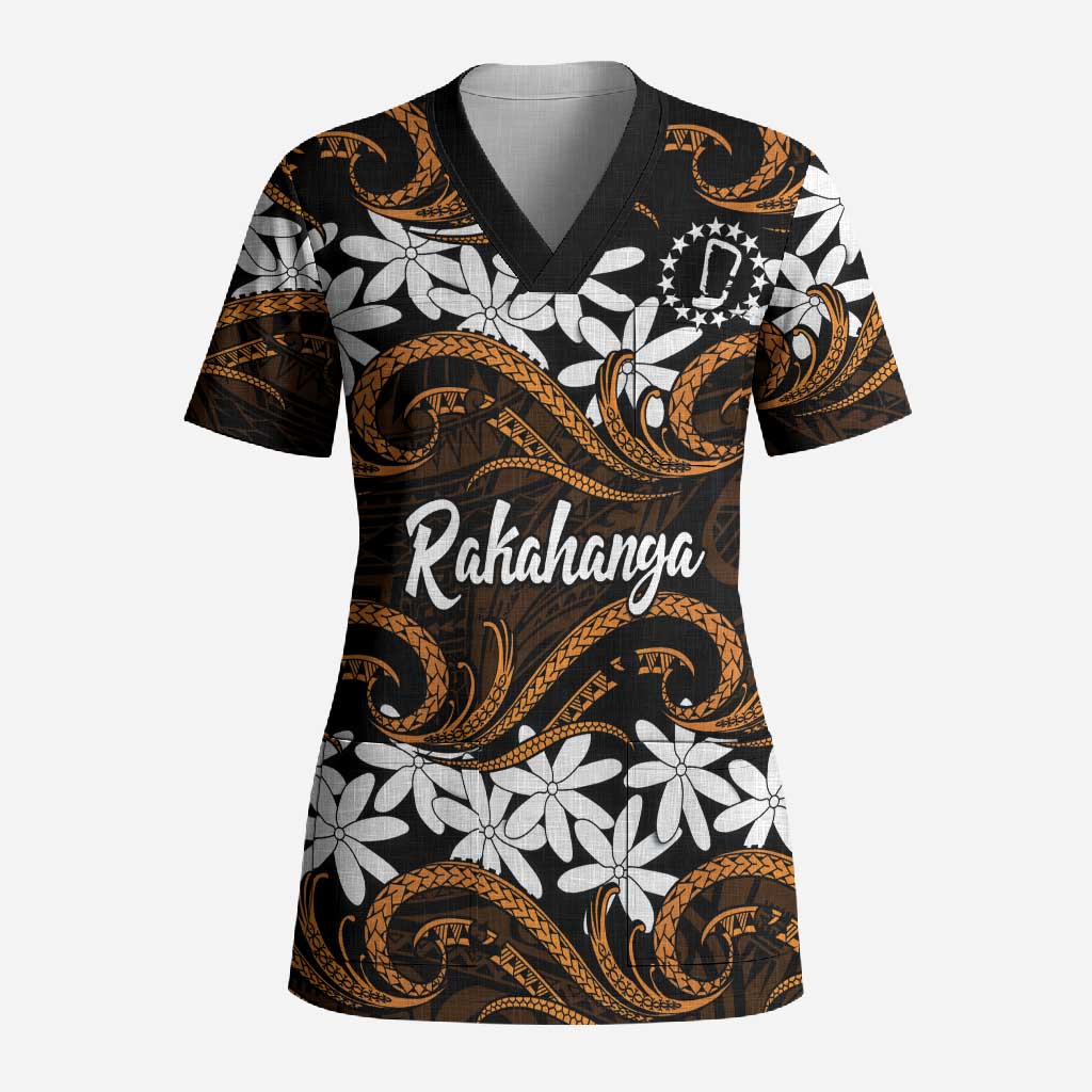 Personalised Cook Islands Rakahanga Scrub Top Tiare Maori Polynesian Waves Tattoo LT14 Adult Orange - Polynesian Pride