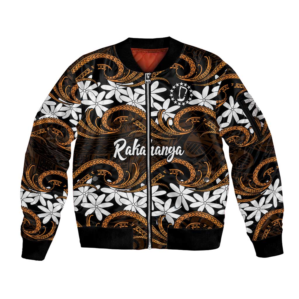 Personalised Cook Islands Rakahanga Sleeve Zip Bomber Jacket Tiare Maori Polynesian Waves Tattoo LT14 Unisex Orange - Polynesian Pride