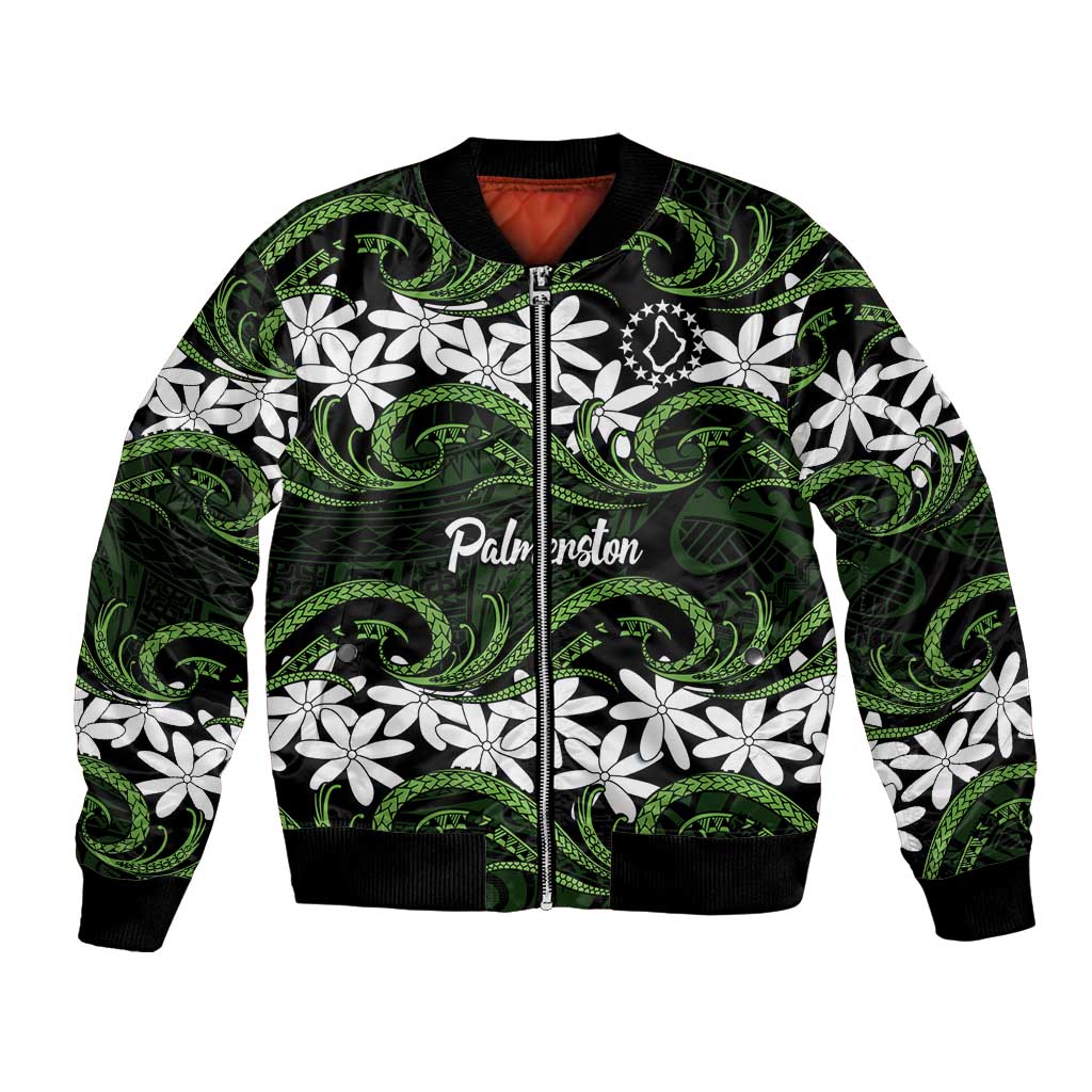 Personalised Cook Islands Palmerston Bomber Jacket Tiare Maori Polynesian Waves Tattoo LT14 Unisex Green - Polynesian Pride