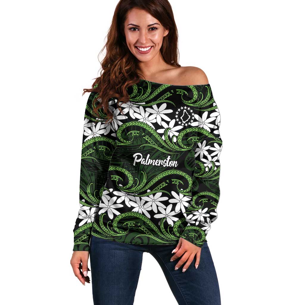 Personalised Cook Islands Palmerston Off Shoulder Sweater Tiare Maori Polynesian Waves Tattoo LT14 Women Green - Polynesian Pride