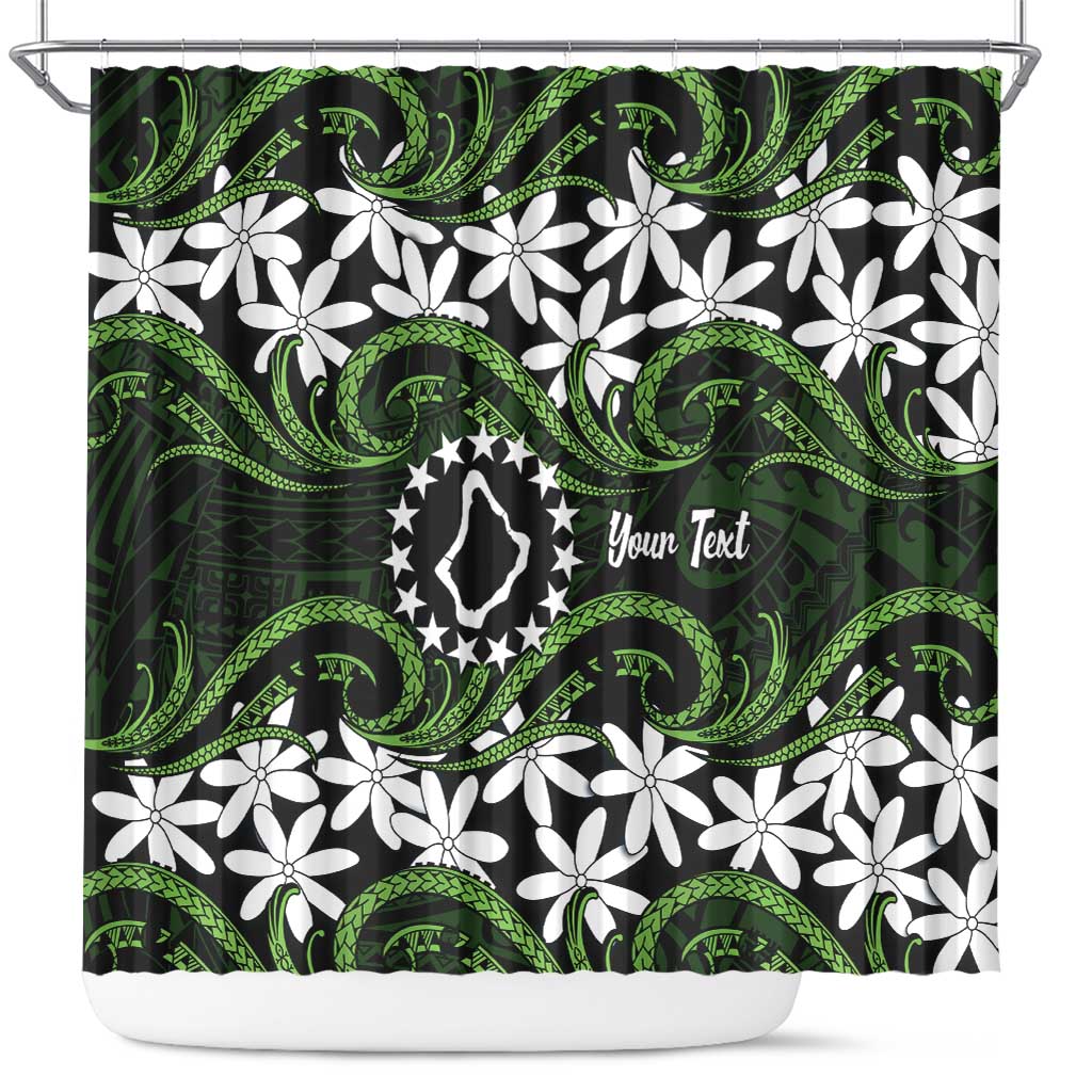Personalised Cook Islands Palmerston Shower Curtain Tiare Maori Polynesian Waves Tattoo LT14 Green - Polynesian Pride