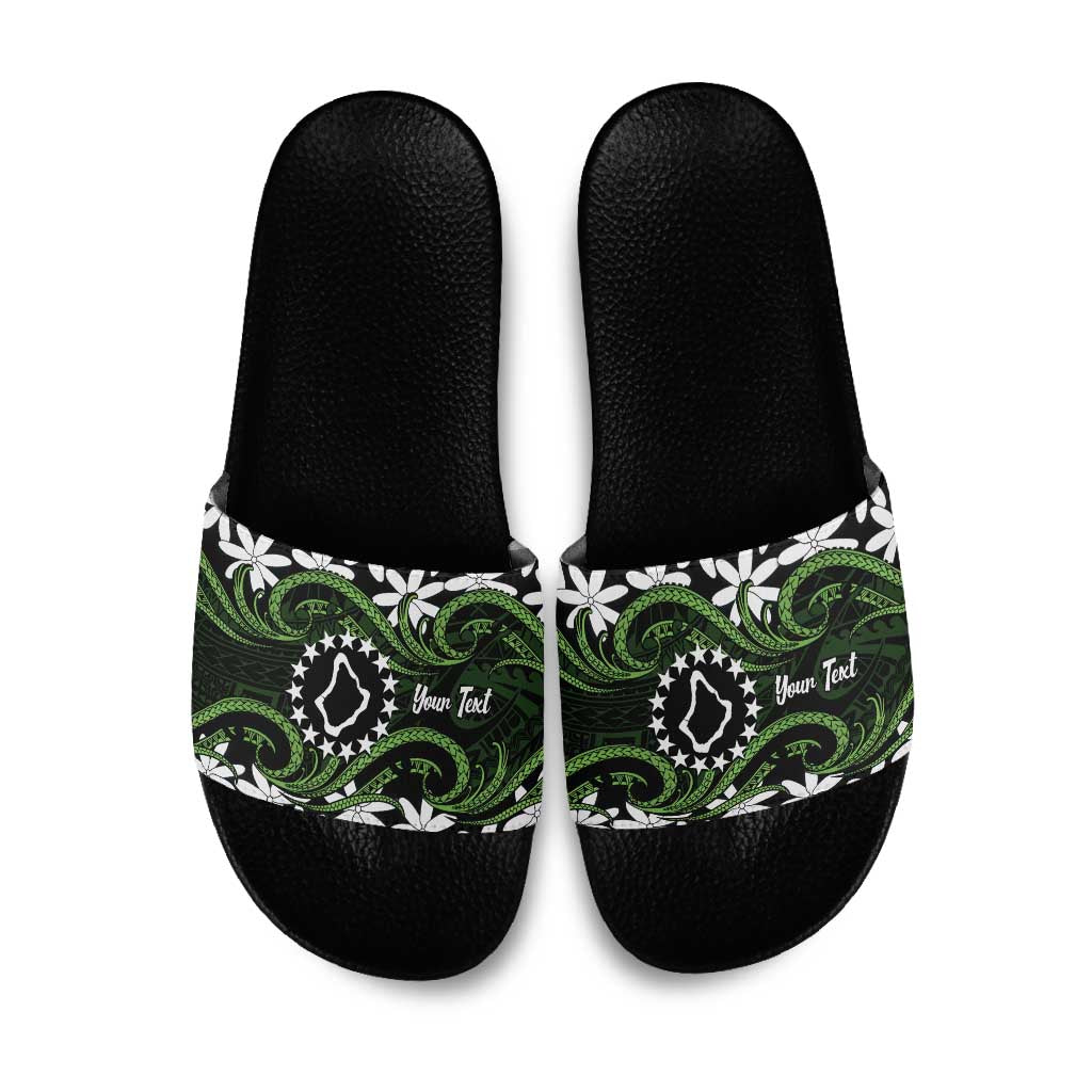 Personalised Cook Islands Palmerston Slide Sandals Tiare Maori Polynesian Waves Tattoo LT14 Green - Polynesian Pride