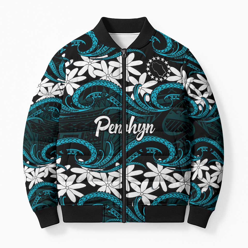Personalised Cook Islands Penrhyn Atoll Bomber Puffer Jacket Tiare Maori Polynesian Waves Tattoo LT14 Unisex Blue - Polynesian Pride