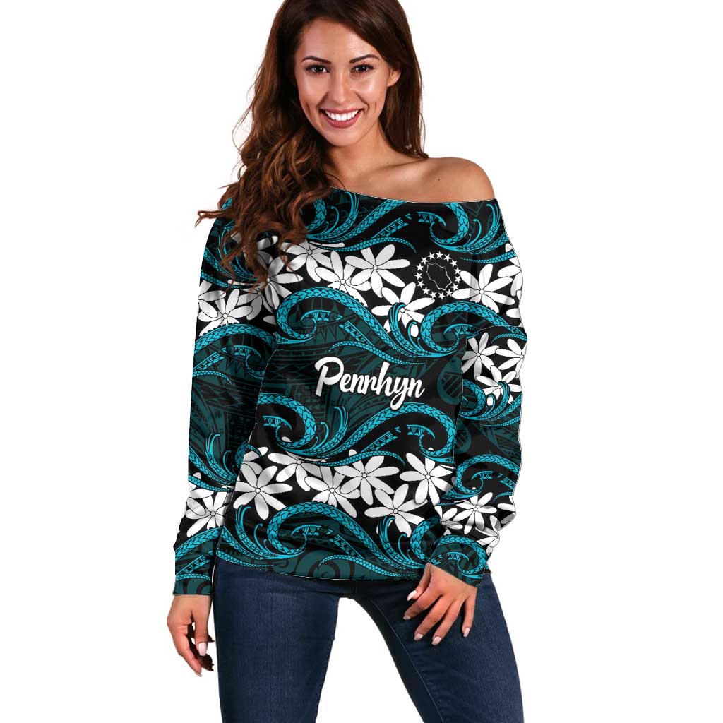 Personalised Cook Islands Penrhyn Atoll Off Shoulder Sweater Tiare Maori Polynesian Waves Tattoo LT14 Women Blue - Polynesian Pride