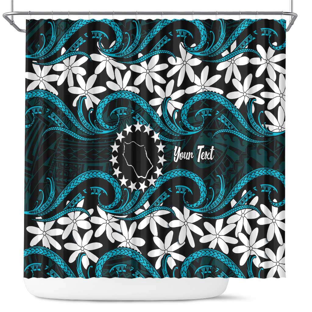 Personalised Cook Islands Penrhyn Atoll Shower Curtain Tiare Maori Polynesian Waves Tattoo LT14 Blue - Polynesian Pride