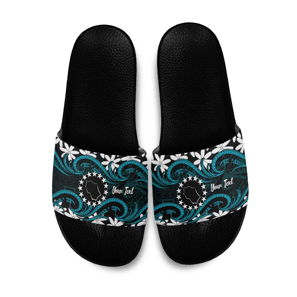Personalised Cook Islands Penrhyn Atoll Slide Sandals Tiare Maori Polynesian Waves Tattoo LT14 Blue - Polynesian Pride