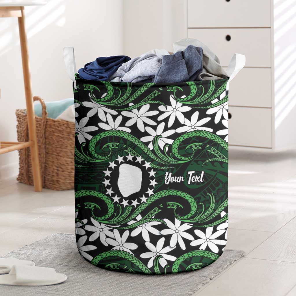 Personalised Cook Islands Mitiaro Laundry Basket Tiare Maori Polynesian Waves Tattoo LT14 Green - Polynesian Pride