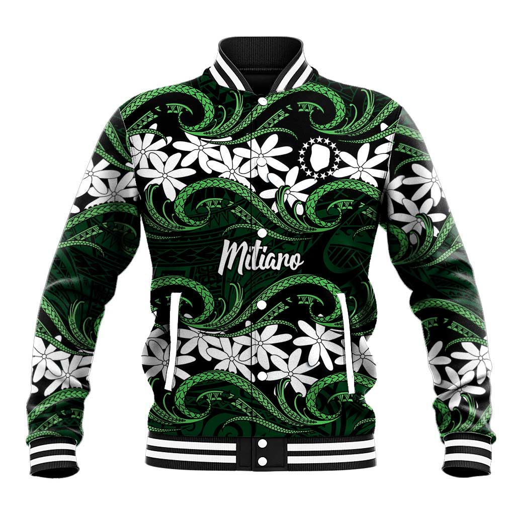 Personalised Cook Islands Mitiaro Baseball Jacket Tiare Maori Polynesian Waves Tattoo LT14 Unisex Green - Polynesian Pride