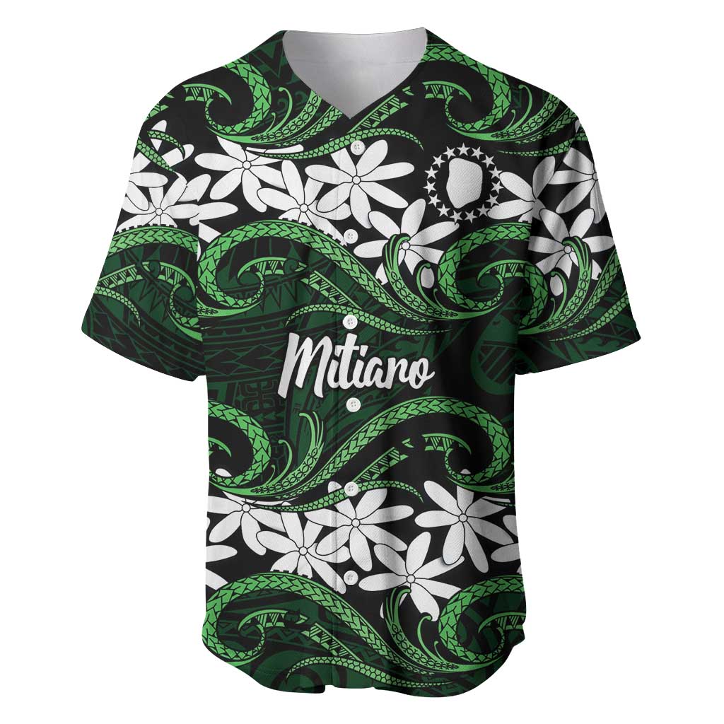 Personalised Cook Islands Mitiaro Baseball Jersey Tiare Maori Polynesian Waves Tattoo LT14 Green - Polynesian Pride