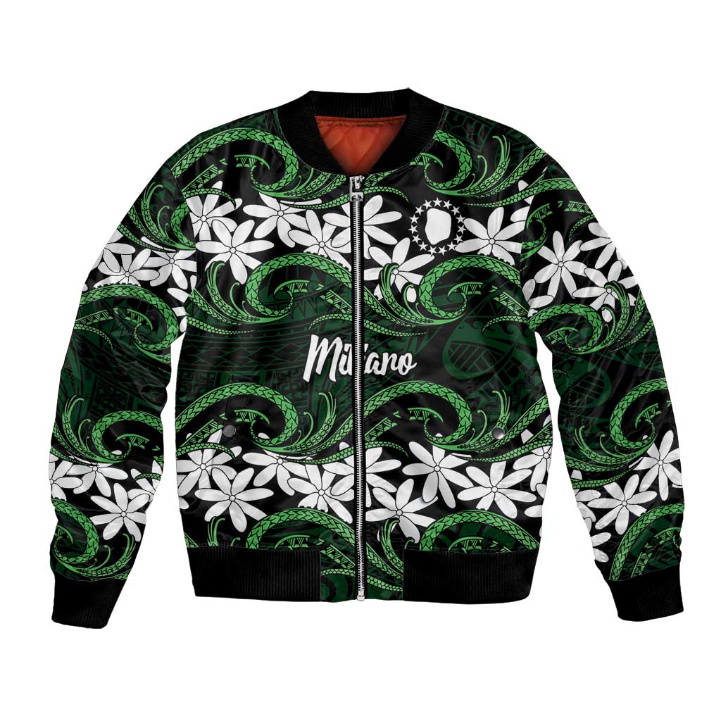 Personalised Cook Islands Mitiaro Bomber Jacket Tiare Maori Polynesian Waves Tattoo LT14 Unisex Green - Polynesian Pride