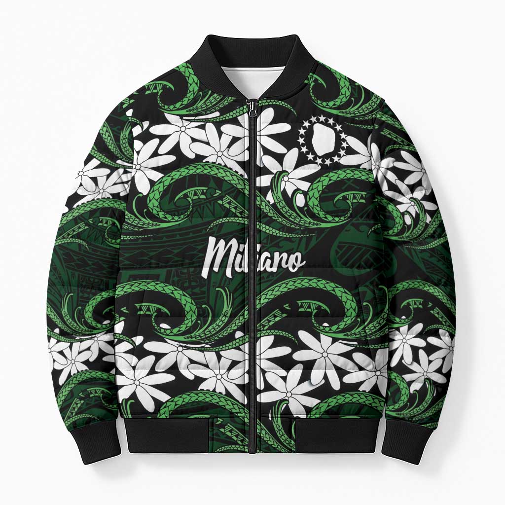 Personalised Cook Islands Mitiaro Bomber Puffer Jacket Tiare Maori Polynesian Waves Tattoo LT14 Unisex Green - Polynesian Pride