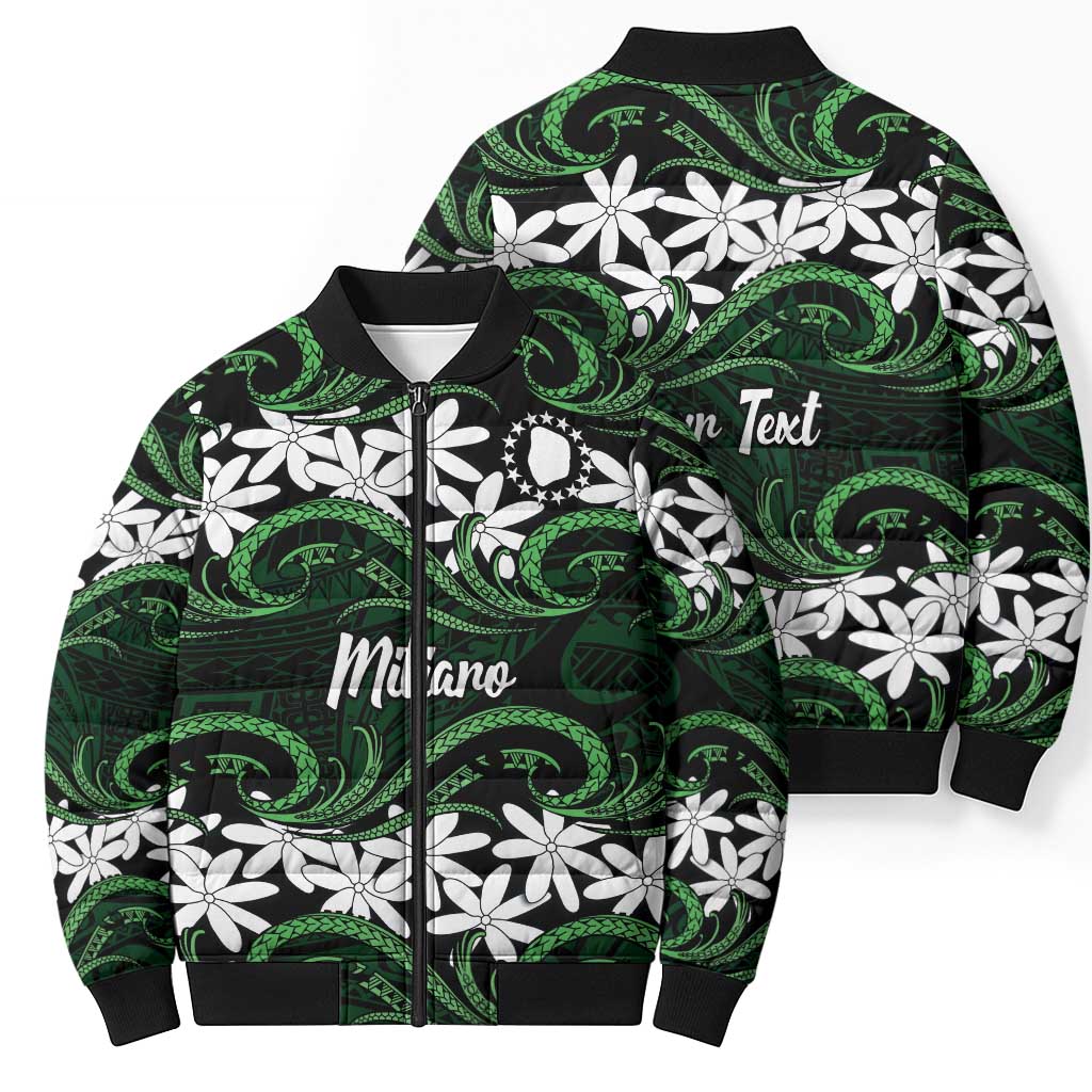 Personalised Cook Islands Mitiaro Bomber Puffer Jacket Tiare Maori Polynesian Waves Tattoo LT14 - Polynesian Pride