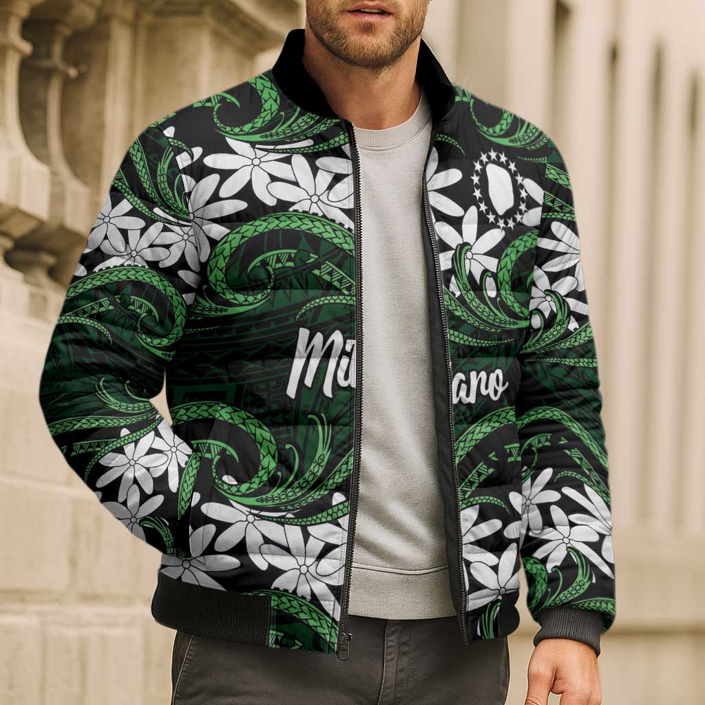 Personalised Cook Islands Mitiaro Bomber Puffer Jacket Tiare Maori Polynesian Waves Tattoo LT14 - Polynesian Pride