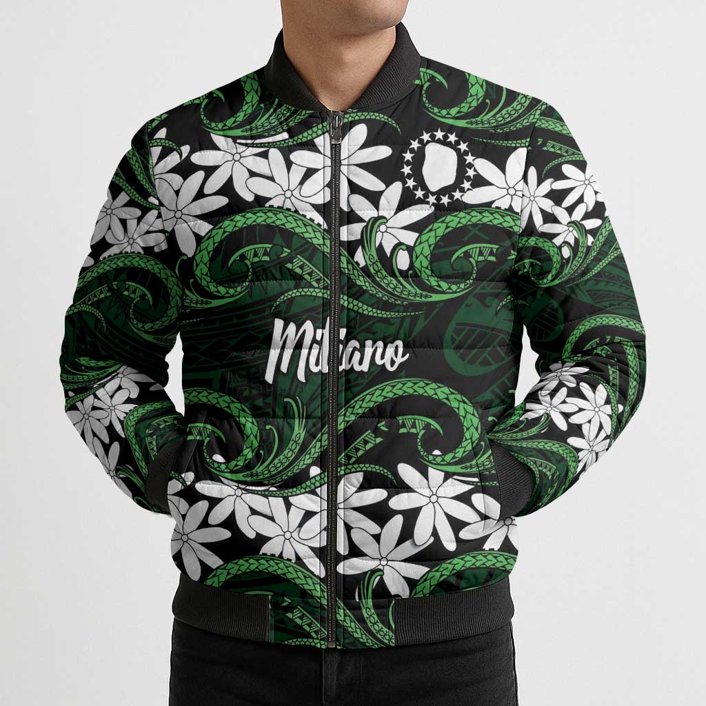 Personalised Cook Islands Mitiaro Bomber Puffer Jacket Tiare Maori Polynesian Waves Tattoo LT14 - Polynesian Pride