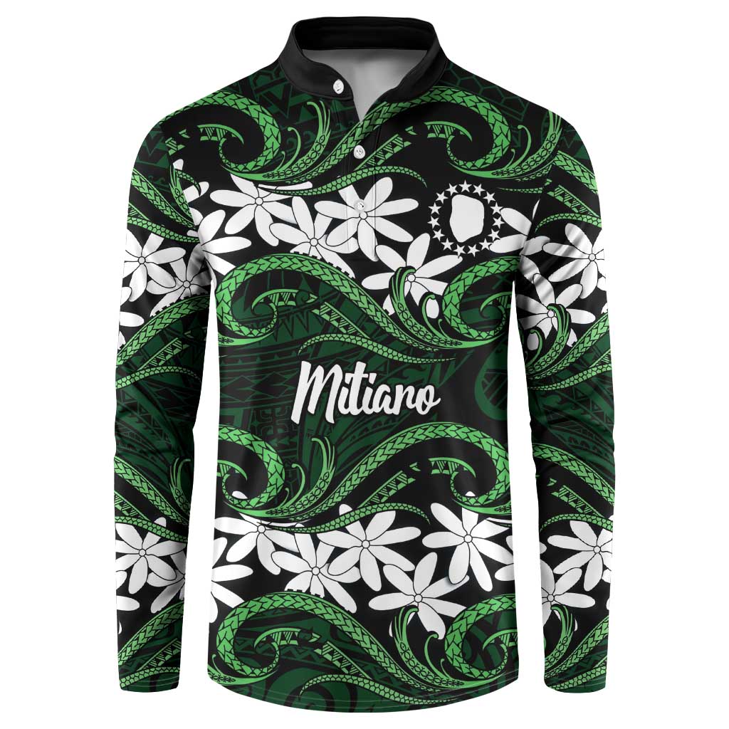 Personalised Cook Islands Mitiaro Button Sweatshirt Tiare Maori Polynesian Waves Tattoo LT14 Green - Polynesian Pride
