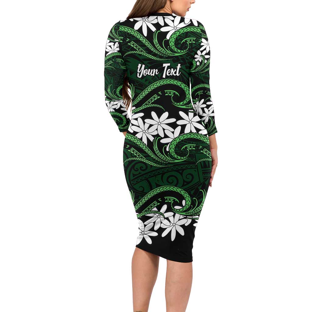 Personalised Cook Islands Mitiaro Long Sleeve Bodycon Dress Tiare Maori Polynesian Waves Tattoo LT14 - Polynesian Pride