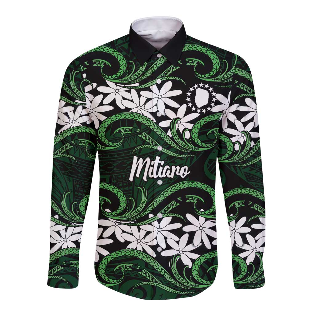 Personalised Cook Islands Mitiaro Long Sleeve Button Shirt Tiare Maori Polynesian Waves Tattoo LT14 Unisex Green - Polynesian Pride