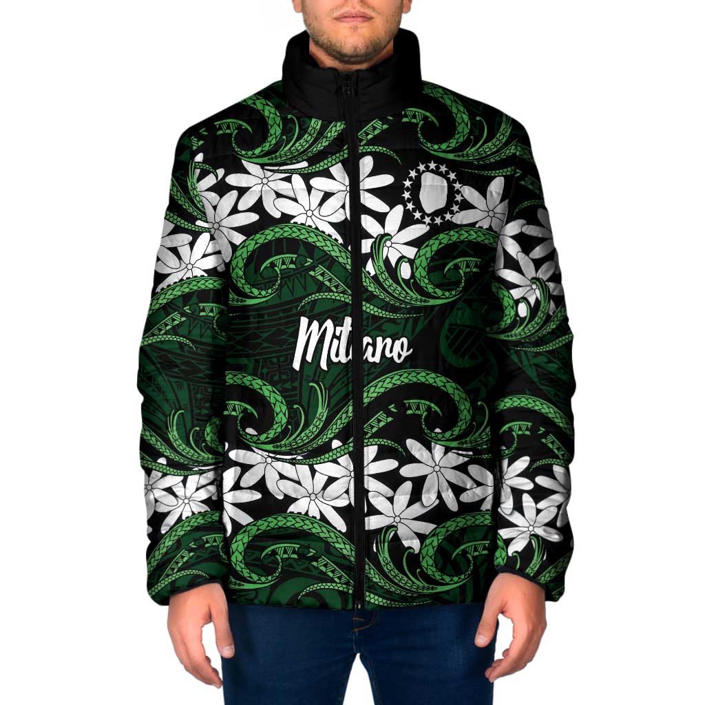 Personalised Cook Islands Mitiaro Padded Jacket Tiare Maori Polynesian Waves Tattoo LT14 Men Green - Polynesian Pride