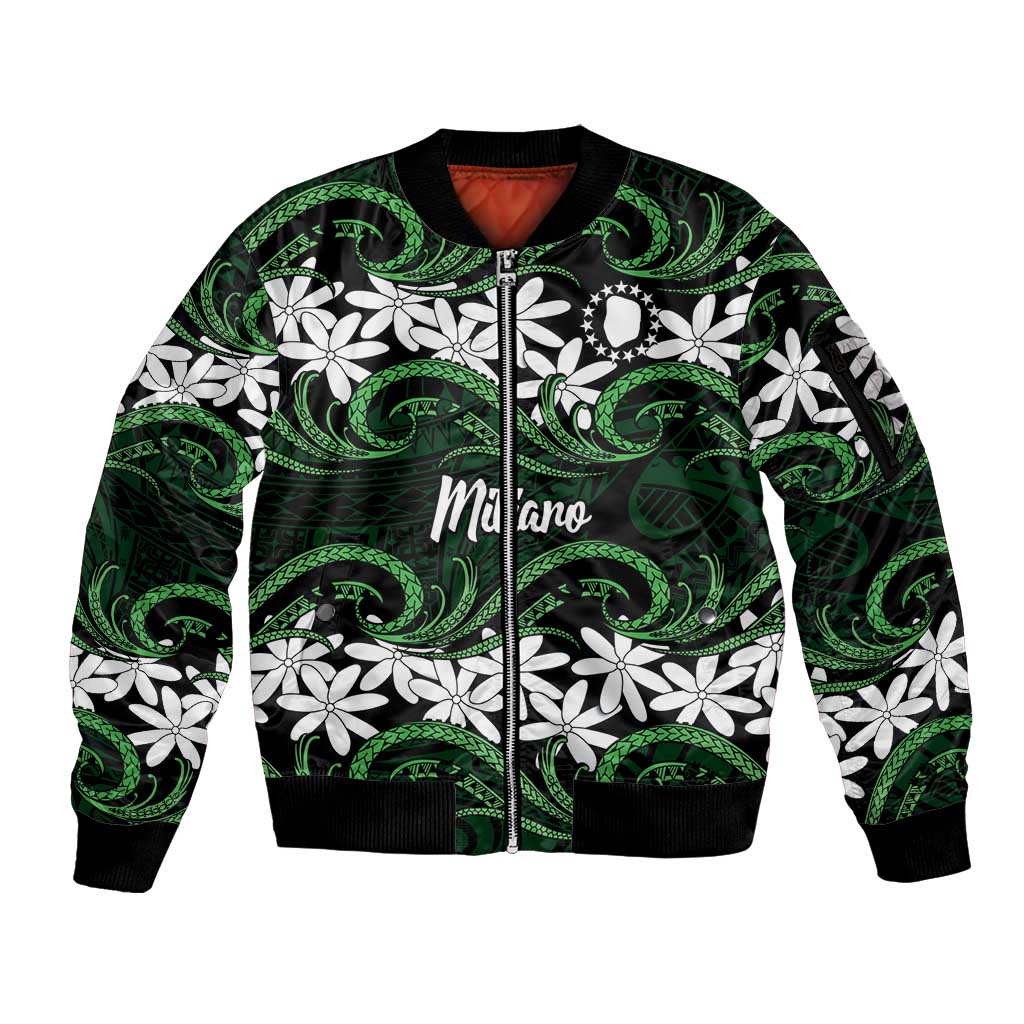 Personalised Cook Islands Mitiaro Sleeve Zip Bomber Jacket Tiare Maori Polynesian Waves Tattoo LT14 Unisex Green - Polynesian Pride