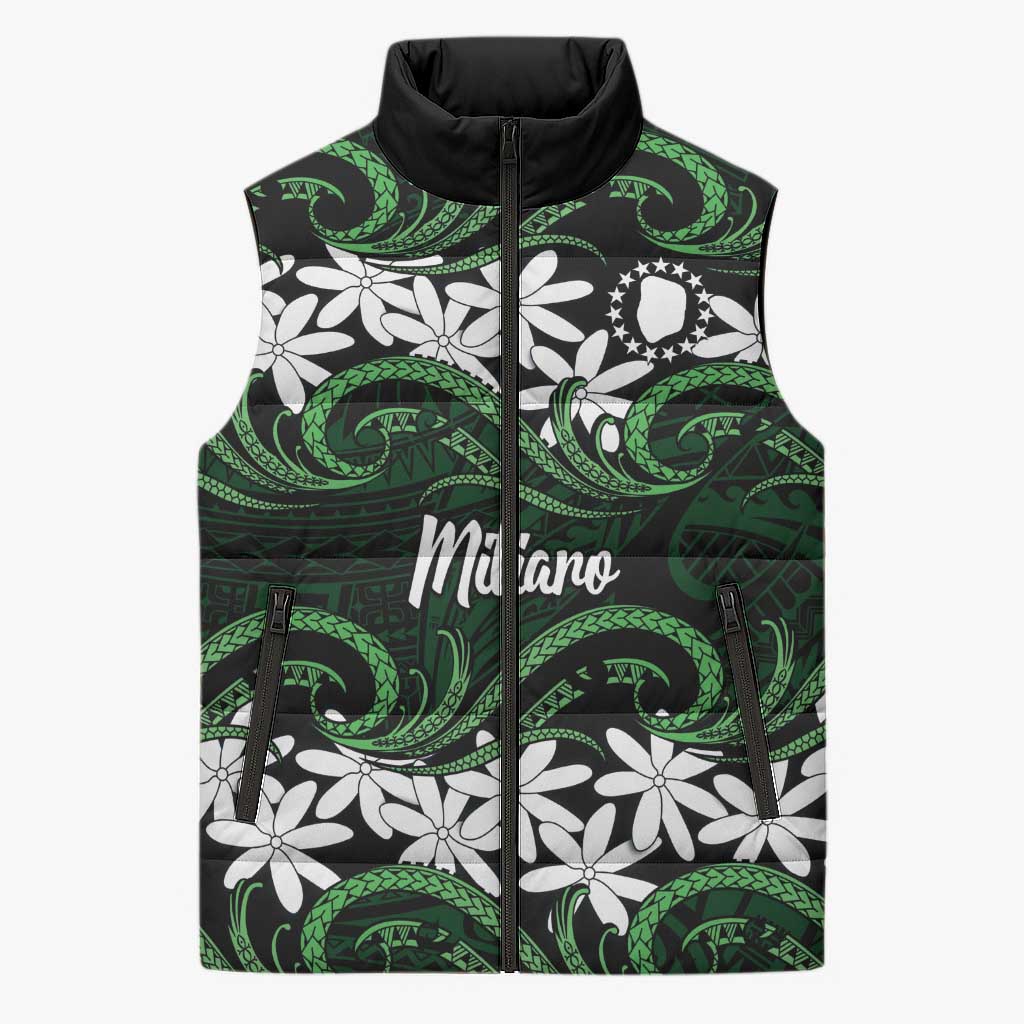 Personalised Cook Islands Mitiaro Sleeveless Puffer Jacket Tiare Maori Polynesian Waves Tattoo LT14 Unisex Green - Polynesian Pride