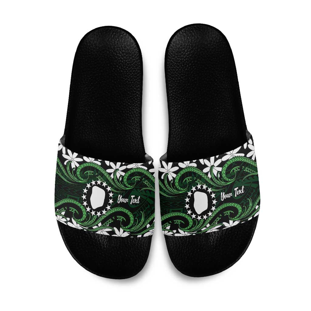Personalised Cook Islands Mitiaro Slide Sandals Tiare Maori Polynesian Waves Tattoo LT14 Green - Polynesian Pride