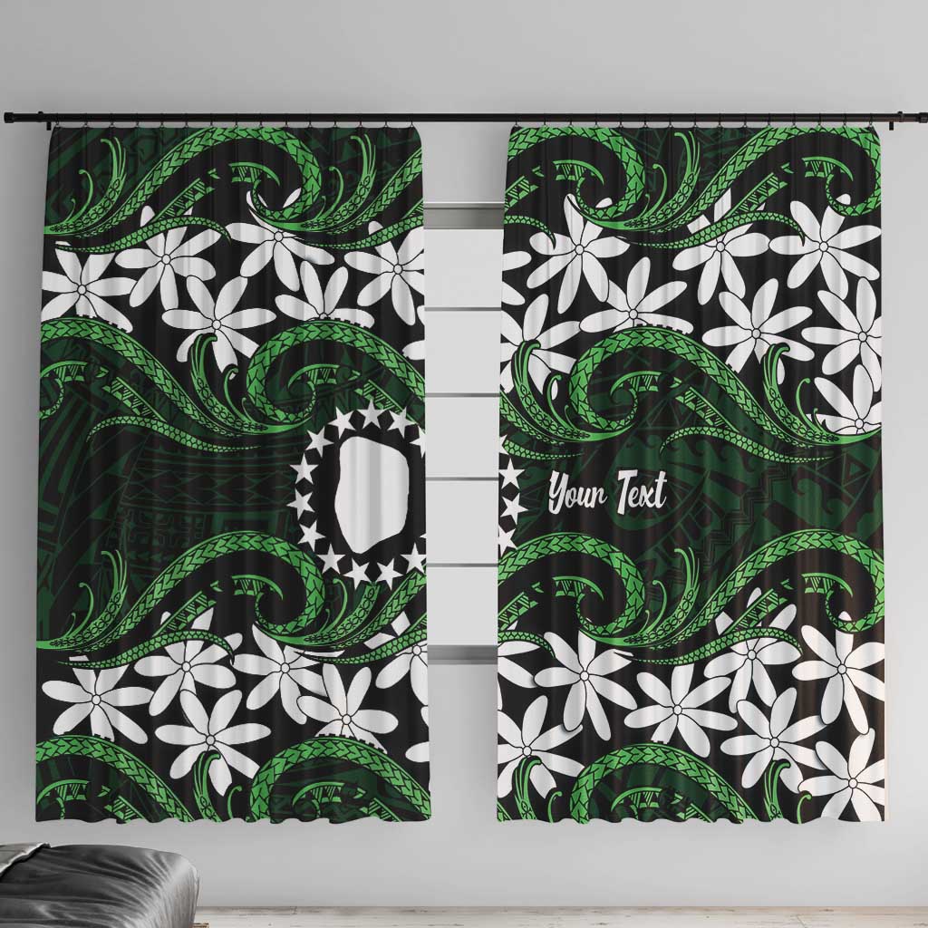 Personalised Cook Islands Mitiaro Window Curtain Tiare Maori Polynesian Waves Tattoo LT14 With Hooks Green - Polynesian Pride