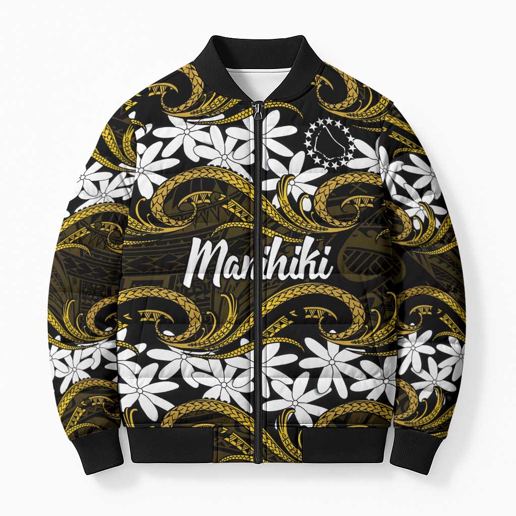 Personalised Cook Islands Manihiki Bomber Puffer Jacket Tiare Maori Polynesian Waves Tattoo LT14 Unisex Gold - Polynesian Pride