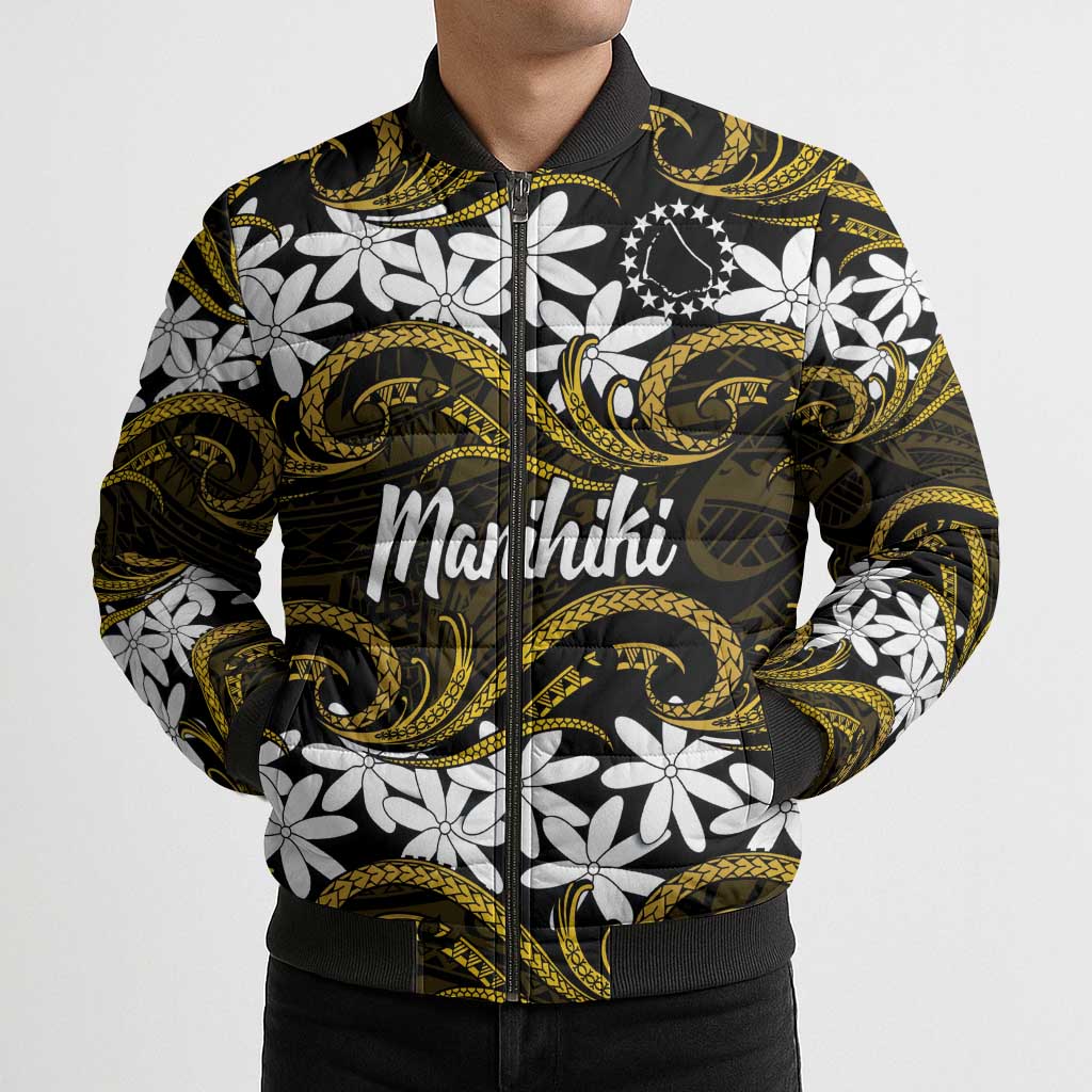 Personalised Cook Islands Manihiki Bomber Puffer Jacket Tiare Maori Polynesian Waves Tattoo LT14 - Polynesian Pride