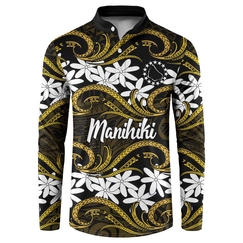 Personalised Cook Islands Manihiki Button Sweatshirt Tiare Maori Polynesian Waves Tattoo LT14 Gold - Polynesian Pride