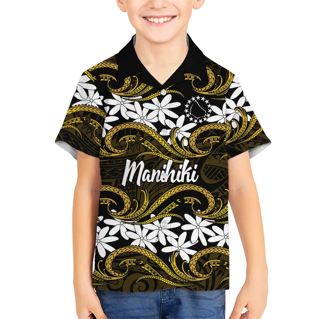 Personalised Cook Islands Manihiki Kid Hawaiian Shirt Tiare Maori Polynesian Waves Tattoo LT14 Kid Gold - Polynesian Pride